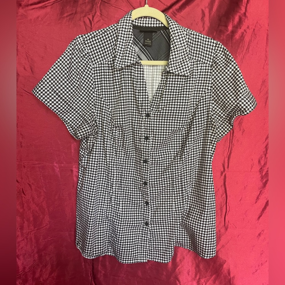 Puff sleeve houndstooth button up shirt